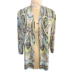 Kasper Open Front Lightweight Cardigan Blue/Green Paisley Medium Layering Flowy